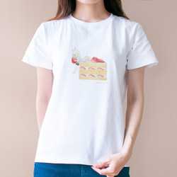 ショートケーキとネコぱんのTシャツ ホワイト 白 レディースMサイズ【短期発送】 2枚目の画像