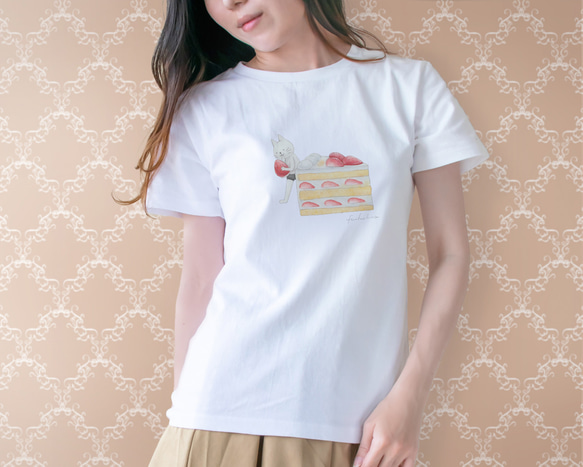 ショートケーキとネコぱんのTシャツ ホワイト 白 レディースLサイズ【短期発送】 2枚目の画像