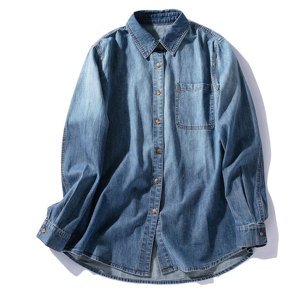 デニムシャツ 長袖シャツ 薄いデニムトップス ゆとり ブルーM