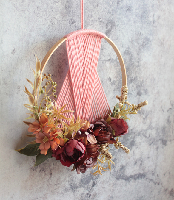 ピンクマクラメ風壁飾りリース 6枚目の画像