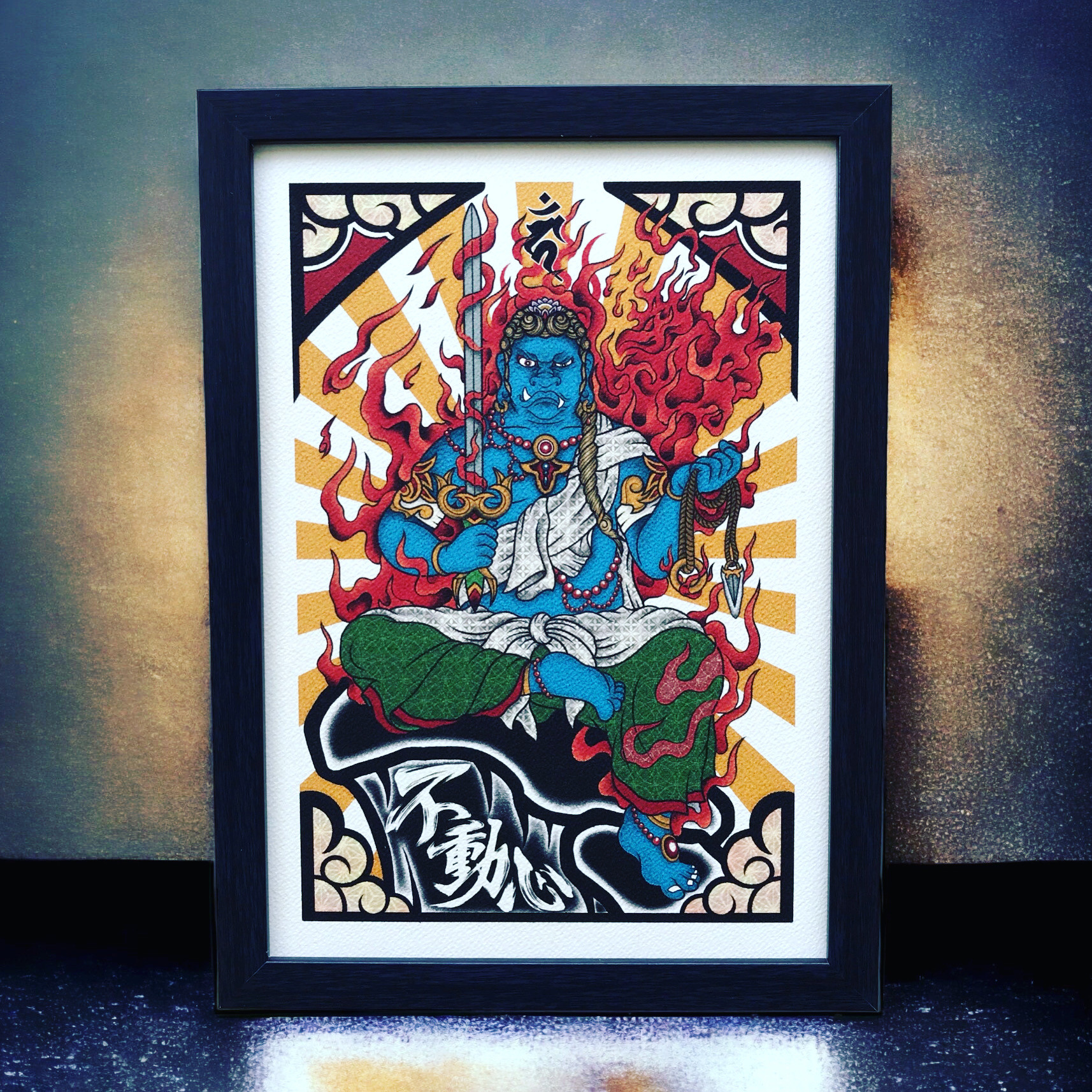 不動明王（Acala），藍色不動，迦樓羅火焰，堅定不移的心，日式插圖