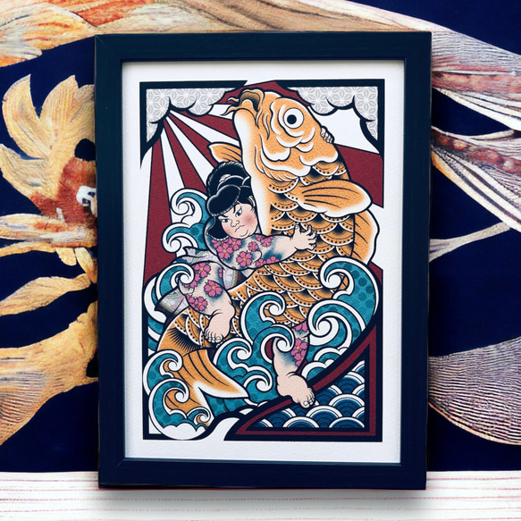 佐藤晋伍 「 金運大昇鯉 」 日本画 色紙絵 ( 木製額縁付き