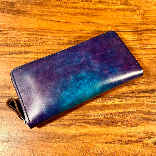 革の手染め- ラウンドファスナー長財布 / パープル（紫 + 水色） 長