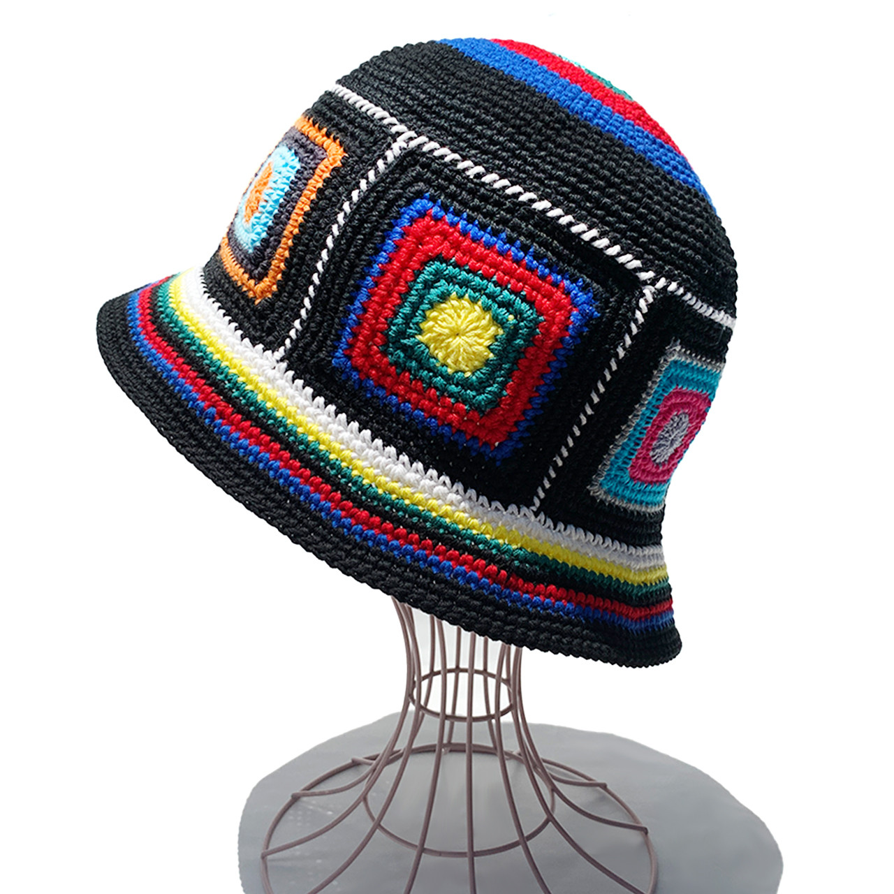 ハンドメイド☺︎カラフルハット☺︎クロシェバケットハット☺︎フリル☺︎タイダイ