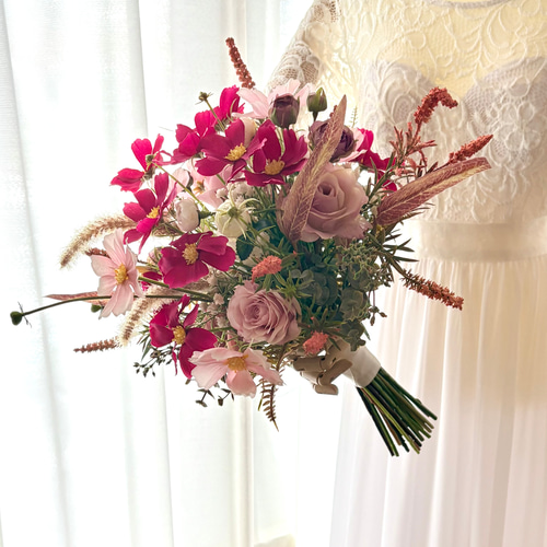 コスモスブーケ、ナチュラル、秋桜、ウェディングブーケ、造花