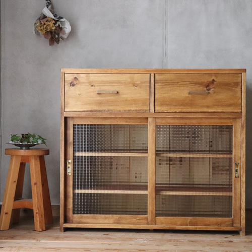 ヴィンテージ チェッカーガラス 食器棚 水屋箪笥 飾り棚 収納棚 和家具