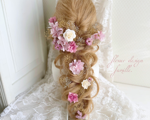 上品 くすみピンク × ゴールド × プラチナ ✧ ハーフツイン 編みおろし