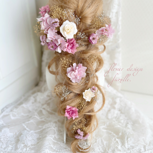 上品 くすみピンク × ゴールド × プラチナ ✧ ハーフツイン 編みおろし