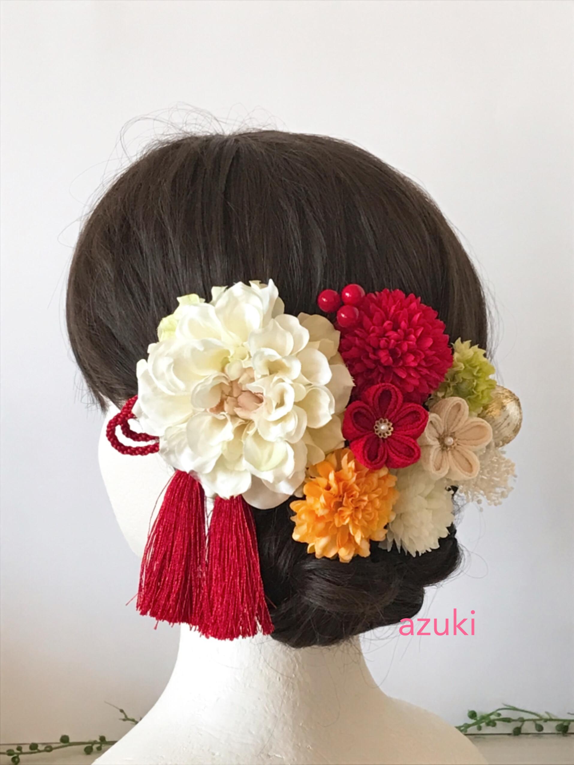 つまみ細工　ダリア　マム　かすみ草　❁︎華やか11点セット❁︎ダブルタッセル飾り紐色の変更可能