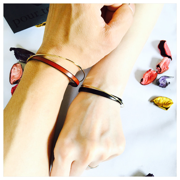 ペア価格 刻印無料 　イタリアンレザー x brassブレスレット 2枚目の画像