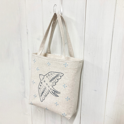 受注製作◇ワンマイルmini【刺し子鳥】 刺し子・綿麻・帆布 トート