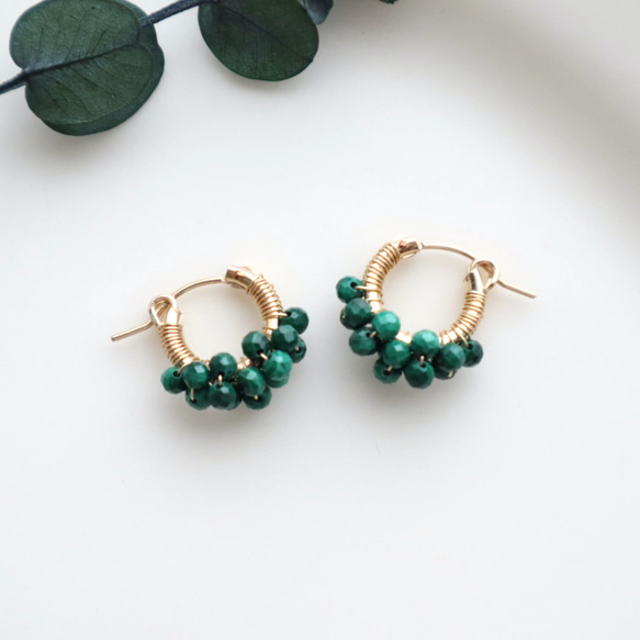 ｛ピアス/イヤリング｝14kgf/petit berries hoops マラカイト 6枚目の画像