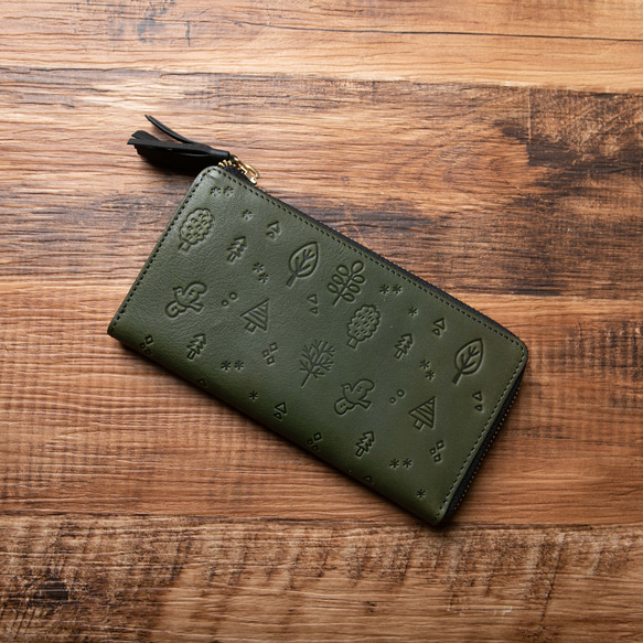 栃木レザー 北欧風 花鳥風月 スキミング防止付き L字型長財布 本革