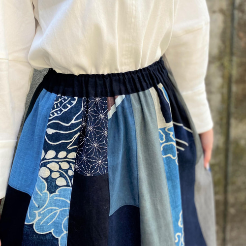 古布リメイクティアードスカート】絣作家藍染め作家創作服綿 古布リメイクティアードスカート】絣作家藍染め作家創作服綿