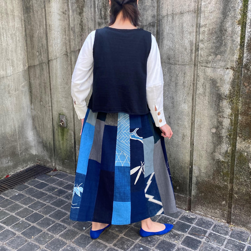 大人な可愛いギャザースカート 古布木綿 藍染め 襤褸 布団側 絣