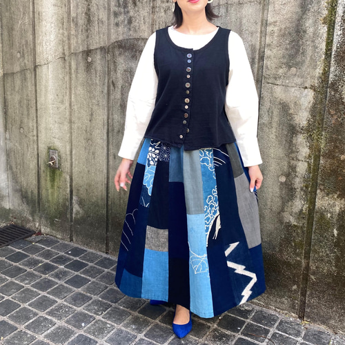 古布リメイクティアードスカート】絣作家藍染め作家創作服綿