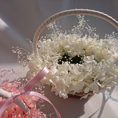 2個セット、ふんわり紫陽花ピンク、白、りングピローかご