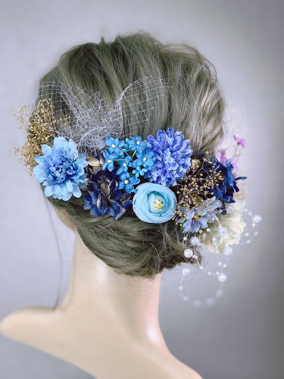 髪飾り ヘッドドレス 結婚式 成人式 卒業式  かすみ草 青　紫 白 2枚目の画像