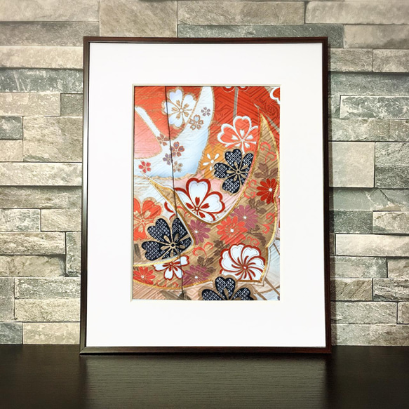 KIMONO SILK ART【華白鳥 ~夕景色~】Hana-Hakucho ~Yuukeshiki~ 額装 絹 3枚目の画像