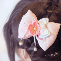 和風リボンの髪飾り 七五三 ひな祭り  つまみ細工　さくらピンク　ヘアクリップ 3枚目の画像