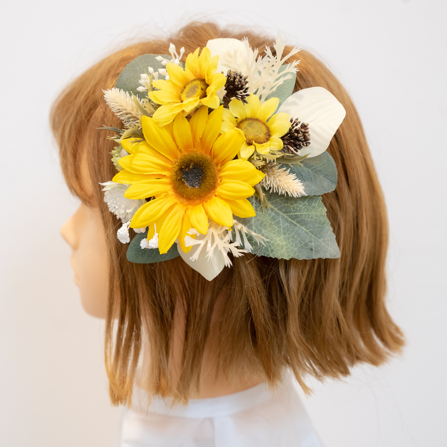 【ボブやショートボブの花嫁様に】ヒマワリ（向日葵）ユーカリのヘッドドレスE 夏の結婚式や二次会・フォトウェディングに＊