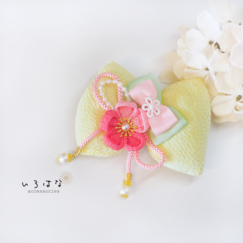 和風リボンの髪飾り 七五三 ひな祭り つまみ細工 レモン色 ヘア