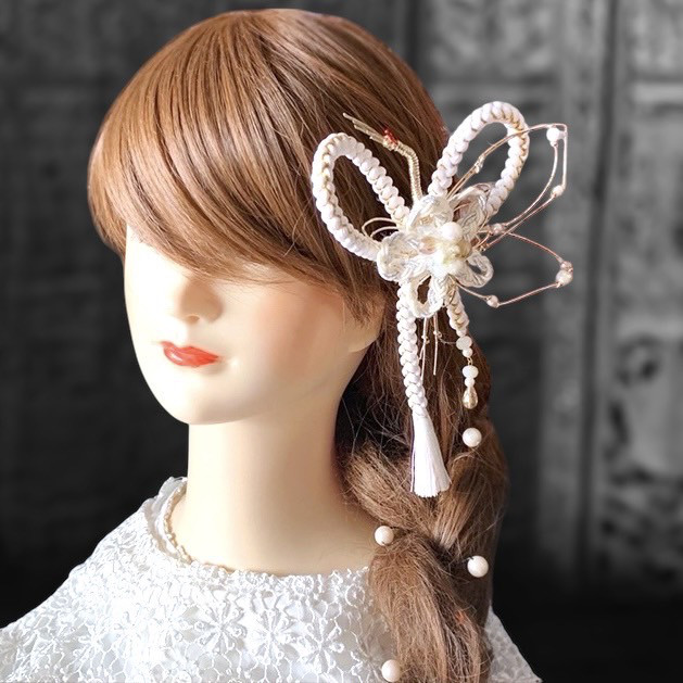 【送料無料】成人式　結婚式　髪飾り　白　和モダン　大正ロマン　鶴響の祝い組紐【人気のホワイト×ゴールド】