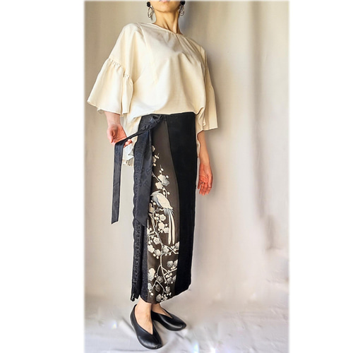 着物リメイクスカート：梅と尾長鳥／国内送料無料／2営業日以内発送  