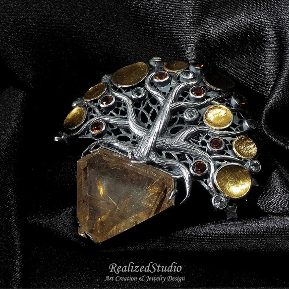 金絲鈦晶 925純銀胸針吊墜 - 金箔燒賦工藝 鏤空設計 - 生命之樹 第2張的照片