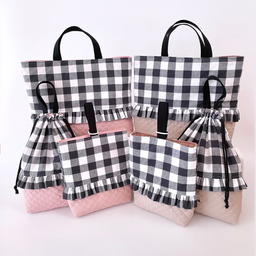 ギンガムチェック　シューズ入れ　ハンドメイド 大きなギンガムチェックの上靴入れ 上履き入れ 上履き袋 merry