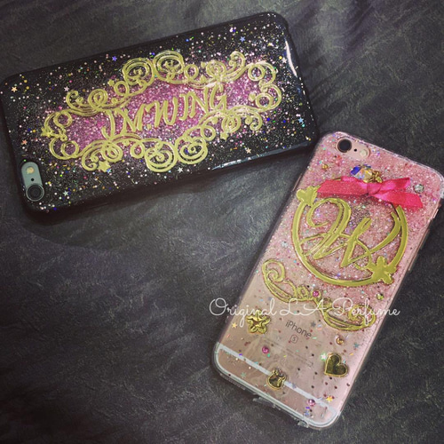 名前入れ♡3Dハート✨キラキラ✨リボンチャーム付き⭐︎クラウン⭐︎金箔♡iPhone イニシャル＆名入れ♡リボンハートチャーム付き⭐︎キラキラ