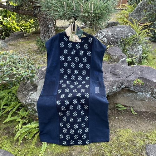 着物リメイク 藍染め絣のジャンバースカート／ボロ／刺し子 ワンピース  