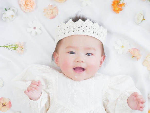 \thanks♡300!!/ ベビークラウン☆パール ハーフバースデー お誕生日 王冠 ヘアバンド かぎ編み 100日 12枚目の画像