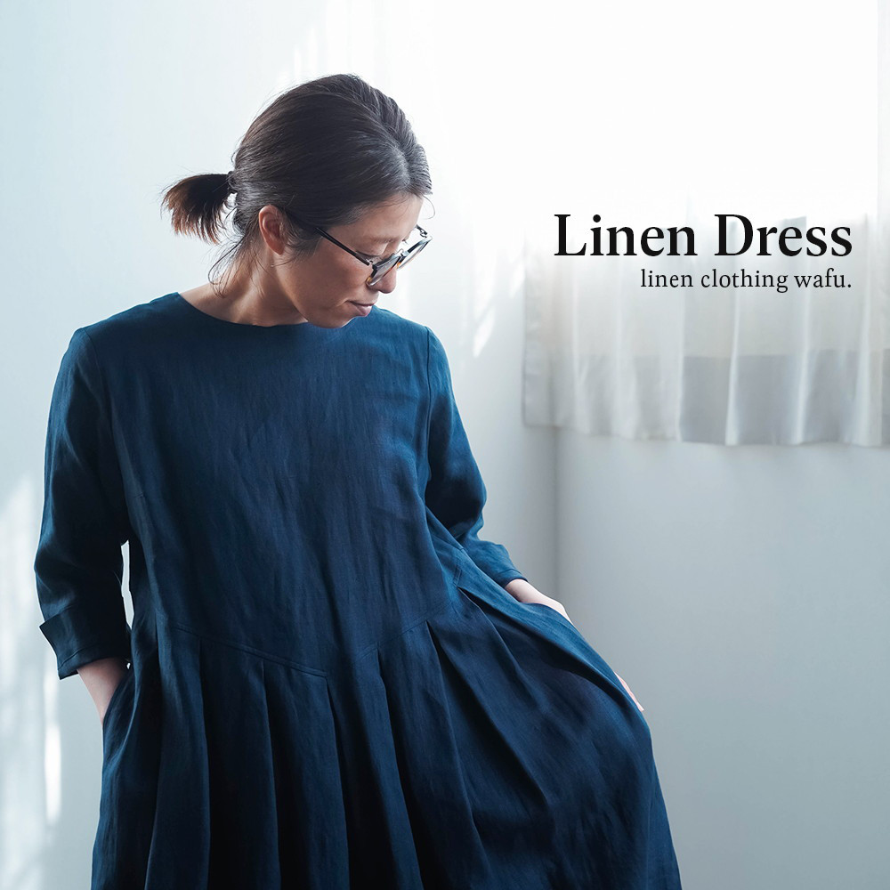 【wafu】Linen Dress 鍵盤タックワンピース / 留紺(とめこん) a013o