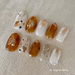 ネイルチップオーダー べっ甲サンド砂ブラウンニュアンス左右非対称ゴールドショート 4d48465a3d03a3bb5b370f026185d0