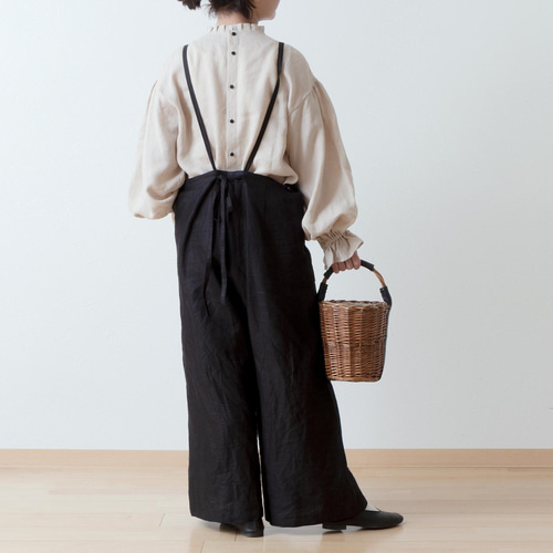 ゆるりと大人かわいいサロペットワイドパンツ-リネン/ブラック