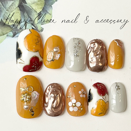 和柄ネイルチップ 椿のお着物ネイル 山吹色 結婚式 成人式 卒業式 前  