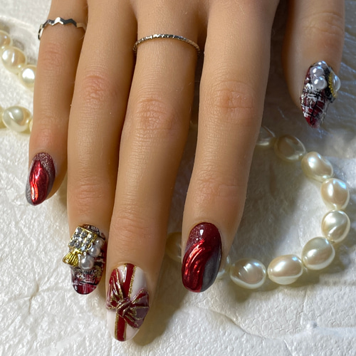 再販2☆秋・冬/リボンネイル/3dネイル/nails/ネイル/ツイードネイル