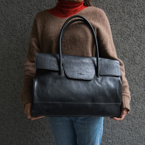 [日本製] フラップトートバッグ ブラック 最高級イタリアンレザー A4 ユニセックス Perla