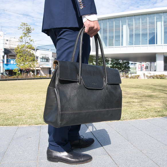 [日本製] フラップトートバッグ ブラック 最高級イタリアンレザー A4 ユニセックス Perla