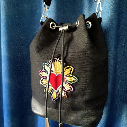 MexicoHeart♡コラソン ビーズ刺繍ワッペンの巾着型ショルダー