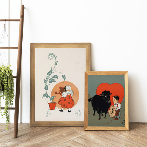 子供と羊ハートアートポスターヴィンテージレトロポップメルヘン