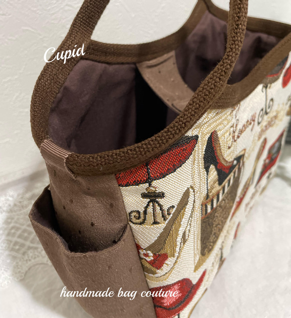 ラストです！フランス生地 ゴブラン織り（帽子・靴・ハイヒール柄）を使用したグラニーバッグ（ミニサイズ） 6枚目の画像