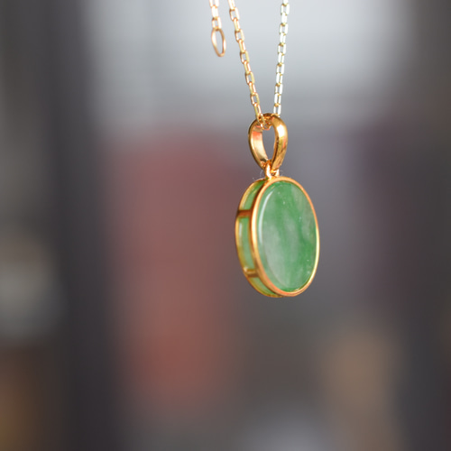 26 受注制作ト k18金ゴールド 天然 緑 本翡翠 ペンダント ネックレス