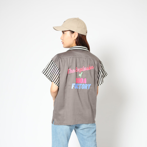 レコードワッペン花刺繍背中刺繍レディース開襟シャツ」チャコール F 
