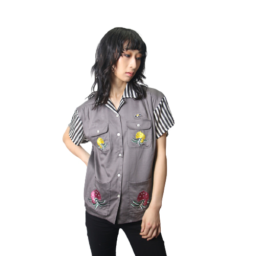 レコードワッペン花刺繍背中刺繍レディース開襟シャツ