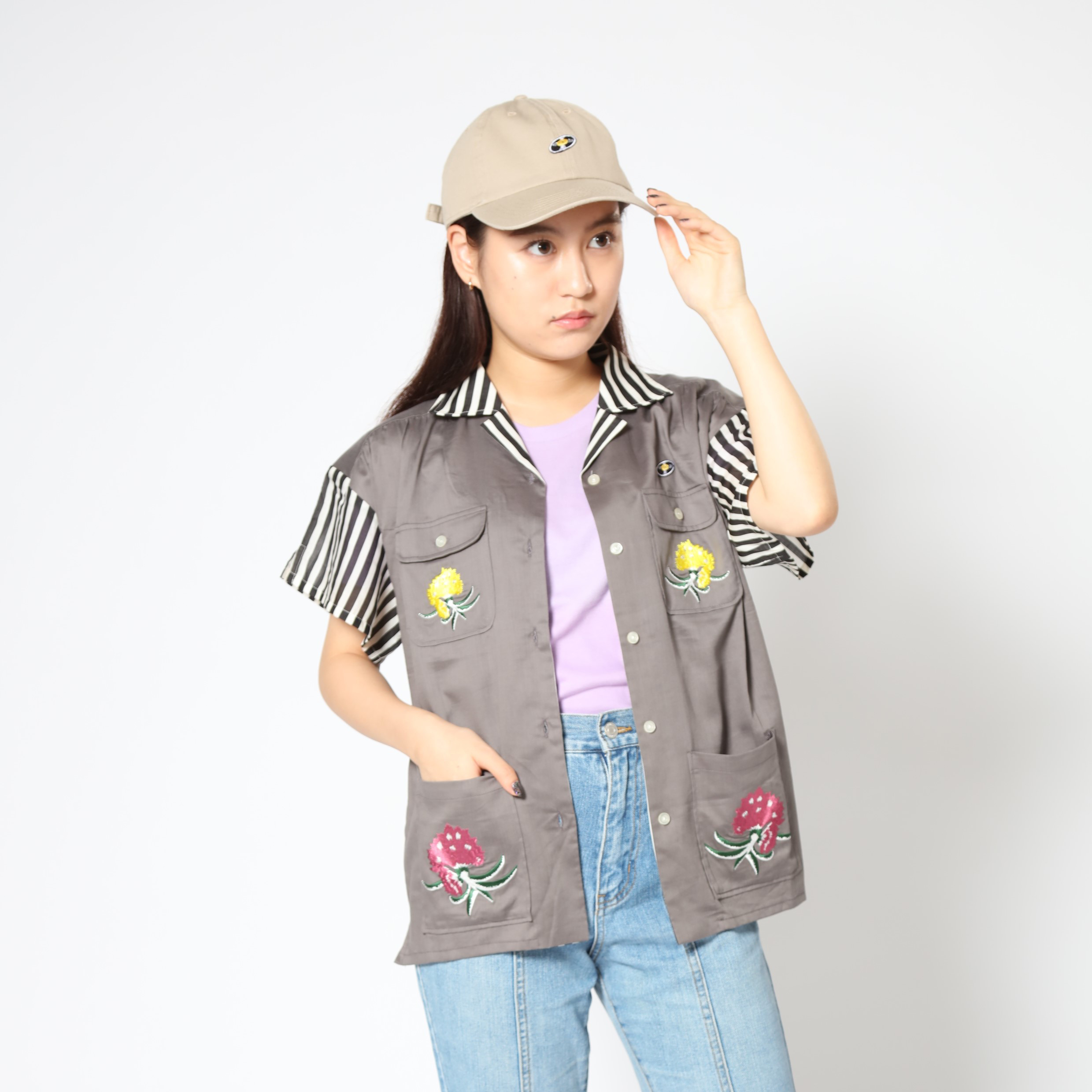 「レコードワッペン花刺繍背中刺繍レディース開襟シャツ」チャコール　F　WATERFALLオリジナル