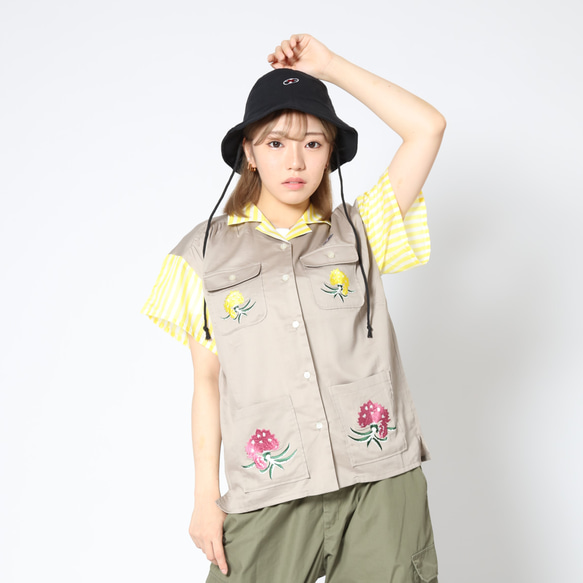 レコードワッペン花刺繍背中プリントレディース開襟シャツ」アッシュ F