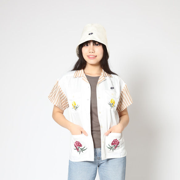 レコードワッペン花刺繍背中プリントレディース開襟シャツ