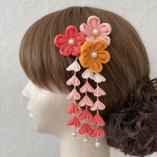 つまみ細工の髪飾り【サーモンピンク パステル お花のセット 下がり  